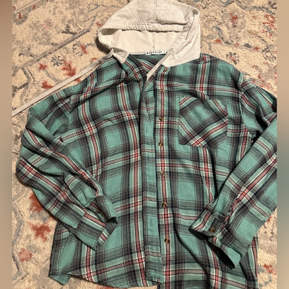 Plaid Button Down Shirt with Hood